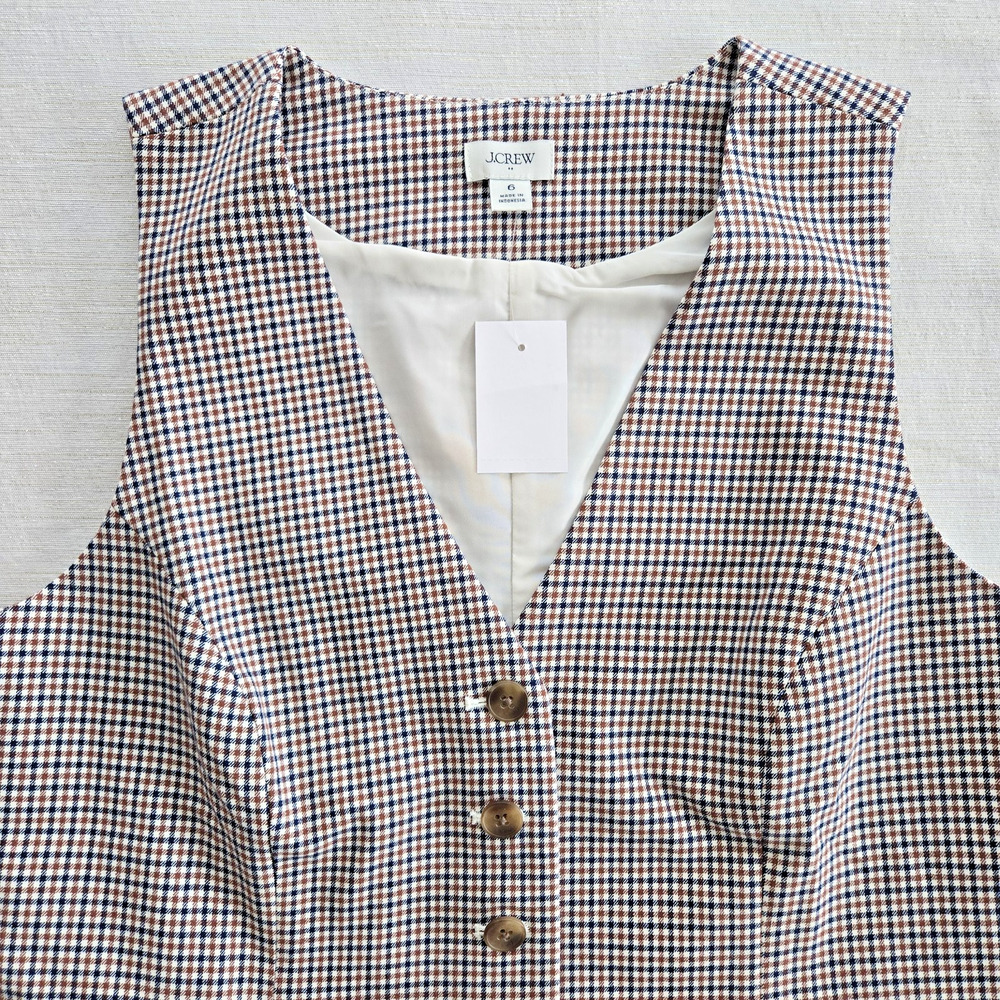 J Crew Vest Womens 6 Tan Blue Plaid Button Up Preppy Academia Career Casual NEW - Picture 3 of 13